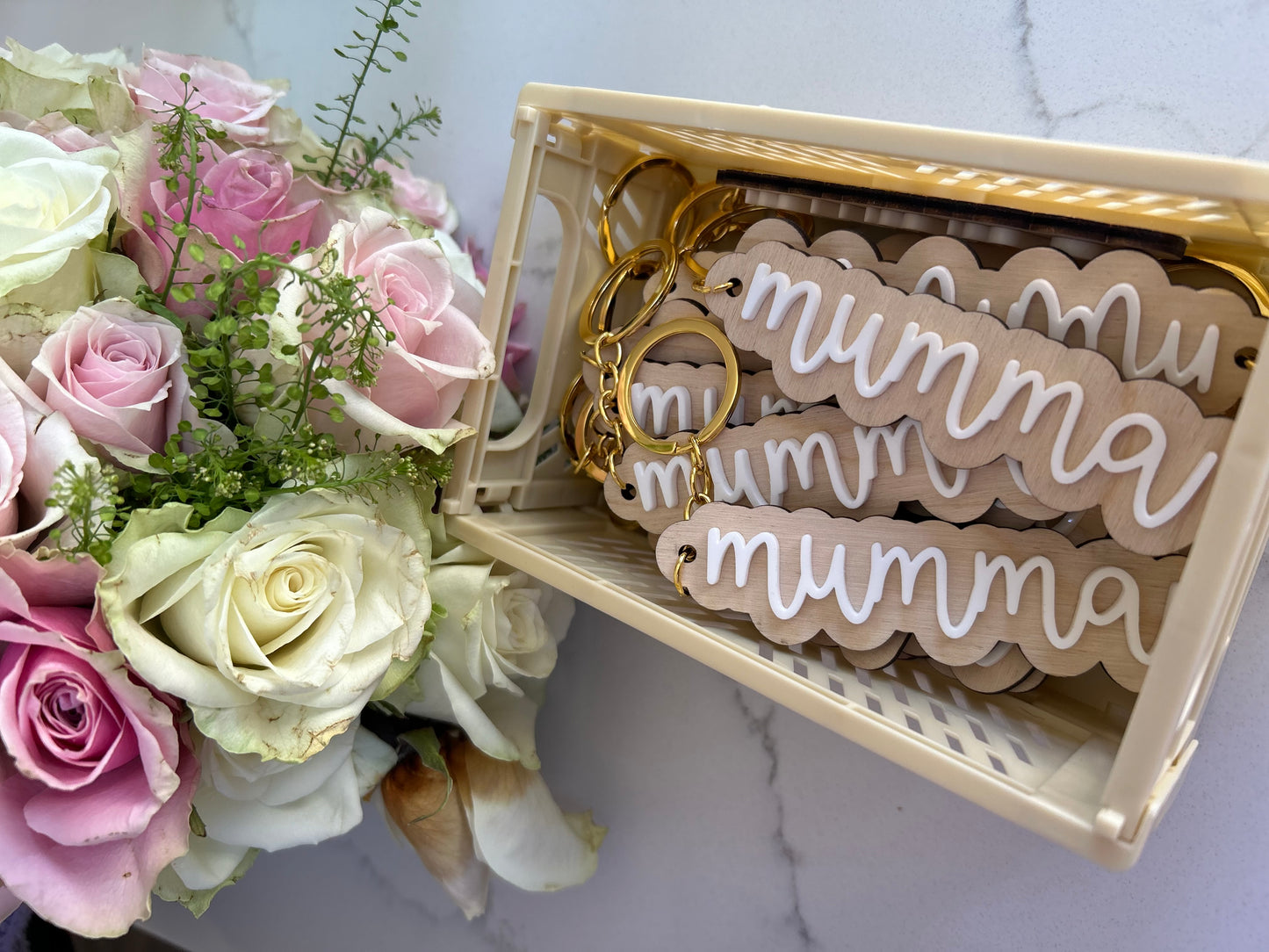 wooden and acrylic mumma keyring