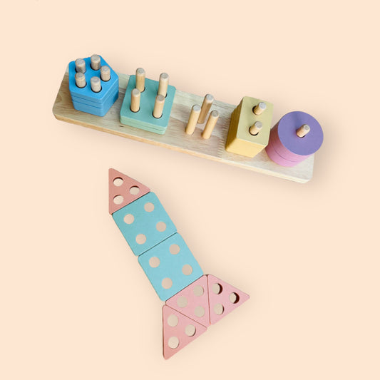 wooden stacker toy with different colours and shapes