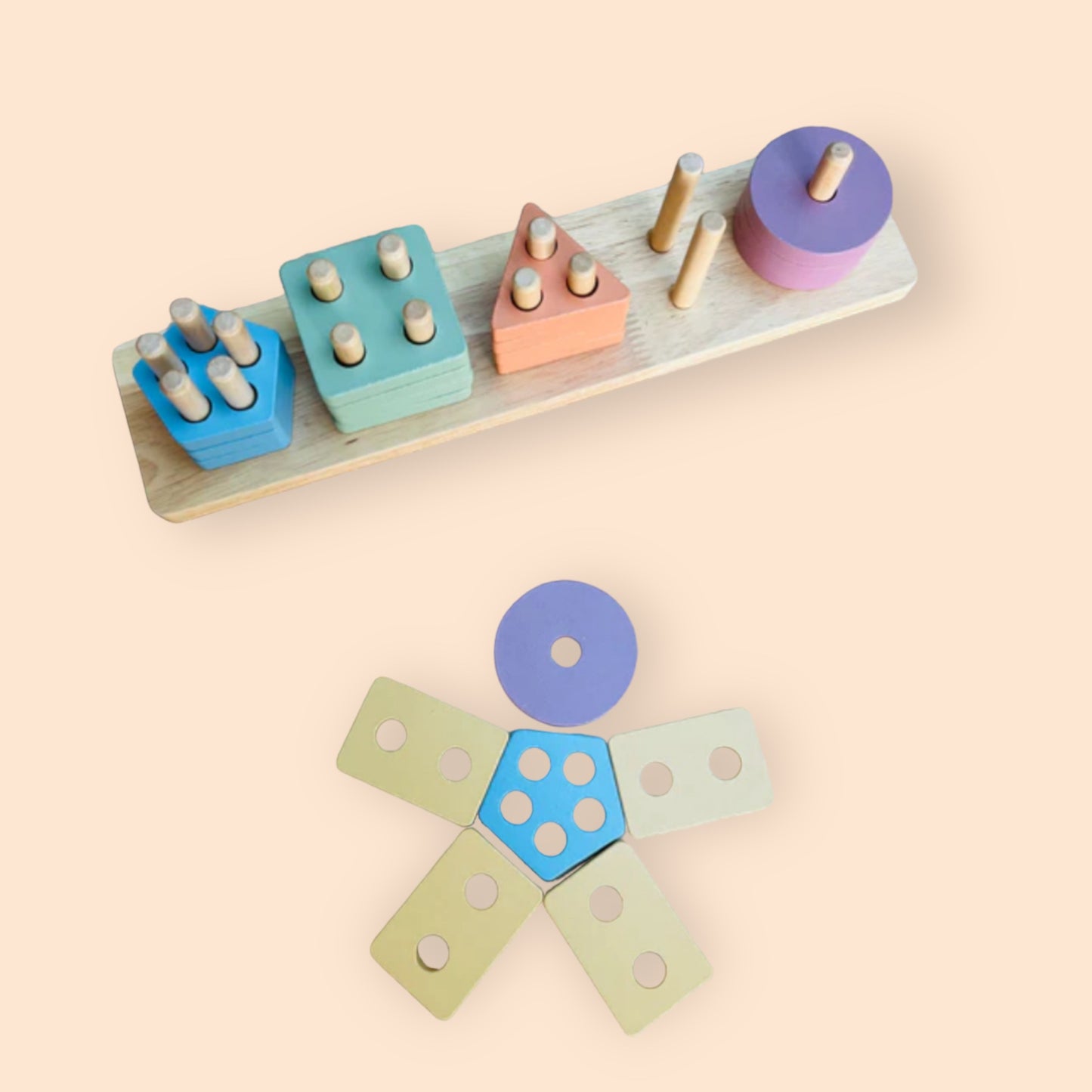 wooden stacker toy with different colours and shapes