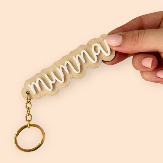 wooden and acrylic mumma keyring